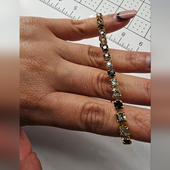 Vintage 90s Navy/Clear Rhinestones Gold Bracelet - Picture 6 of 7